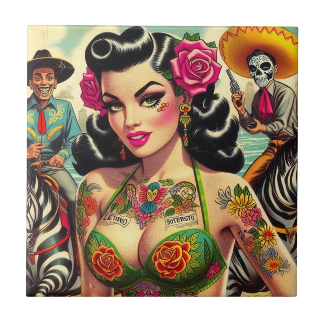 Vintage Hett Tattoo Girl Kakelplatta (Framsidan)