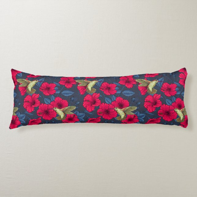 Vintage Hibiscus Botanisk och Kolibri Kroppskudde (Framsidan)
