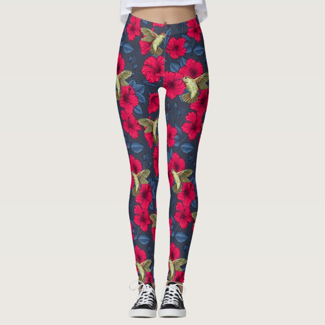 Vintage Hibiscus Botanisk och Kolibri Leggings (Framsida)
