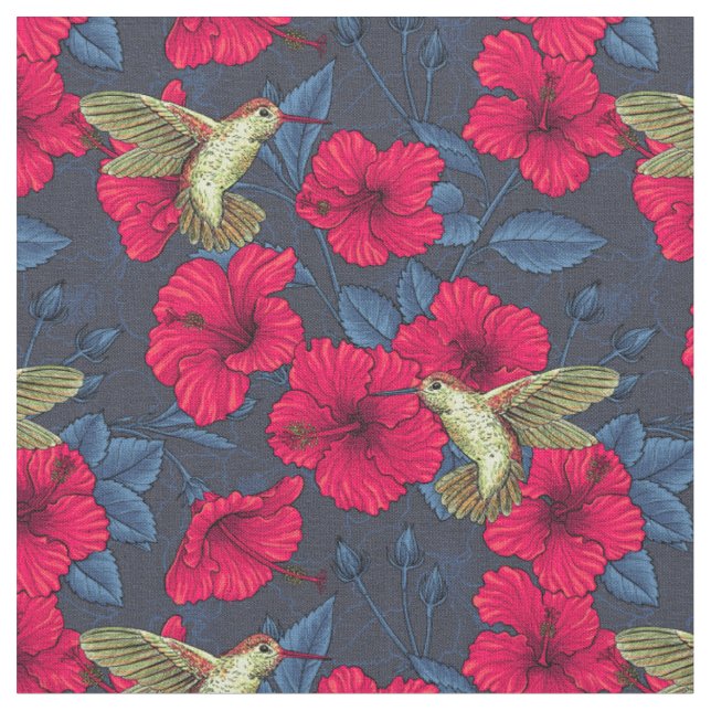Vintage Hibiscus Botanisk och Kolibri Tyg (Närbild)