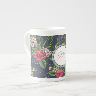 Vintage Hibiscus mörk mönster Monogram Bone Mugg Benporslin Mugg