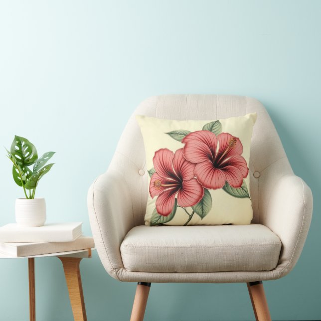Vintage Hibiscus on Weathered Paper Throw Pillow Kudde (Stol)