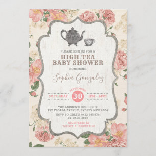 Vintage High Tea Baby Shower Rosa Blommigt Rustic Inbjudningar