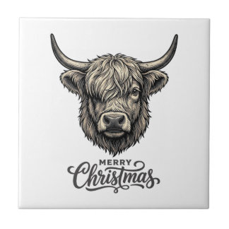 Vintage Highland Ko Merry Christmas Tröja_1 Kakelplatta