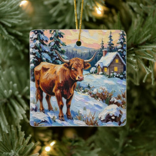 Vintage Highlandko i snöig juläng Julgransprydnad Keramik