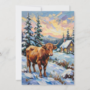 Vintage Highlandko i snöig juläng Julkort