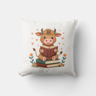 Vintage Highlandko som läser böcker Blommig söt bo Kudde