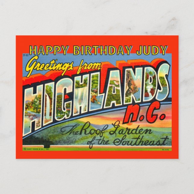 Vintage Highlands NC Födelsedagspostkort Helg Vykort (Framsida)