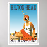 Vintage Hilton Head Beach Scene Poster<br><div class="desc">En retro poster som aldrig varit tidigare. Ett kreativ om en gammal poster som borde ha gjorts. Hilton Head Beach i retro stil från konsthändan. Ljusa färger med en kvinna på stranden under blå himmel.</div>