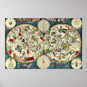 Vintage himmelsglobkart över stjärnbilderna 1670 poster
