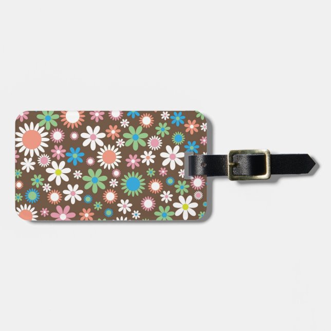 Vintage, hippie-rosa, grönt, laxröd daisy bagagebricka (Horisontell Framsida)