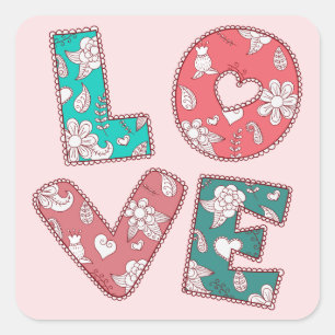Vintage Hippy Kärlek Grönt and Rosa Blommigt Stick Fyrkantigt Klistermärke