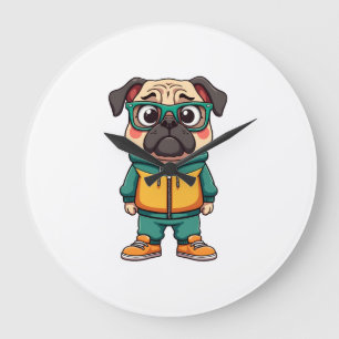Vintage Hipster Mops Hund Tecknad Streetwear Grafi Stor Klocka
