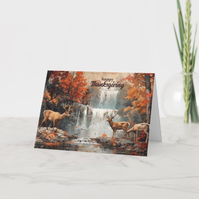Vintage Hjort Woodland Waterfall Thanksgiving Helgkort (Framsida)