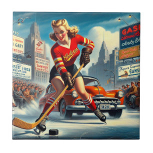 Vintage Hockey Girl Kakelplatta