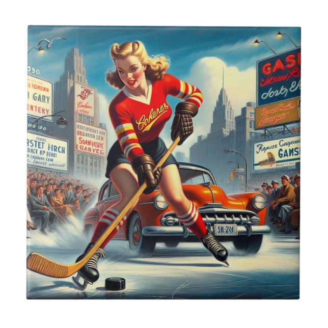 Vintage Hockey Girl Kakelplatta (Framsidan)