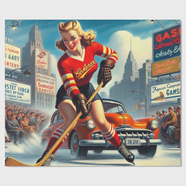 Vintage Hockey Girl Presentpapper (Platt)