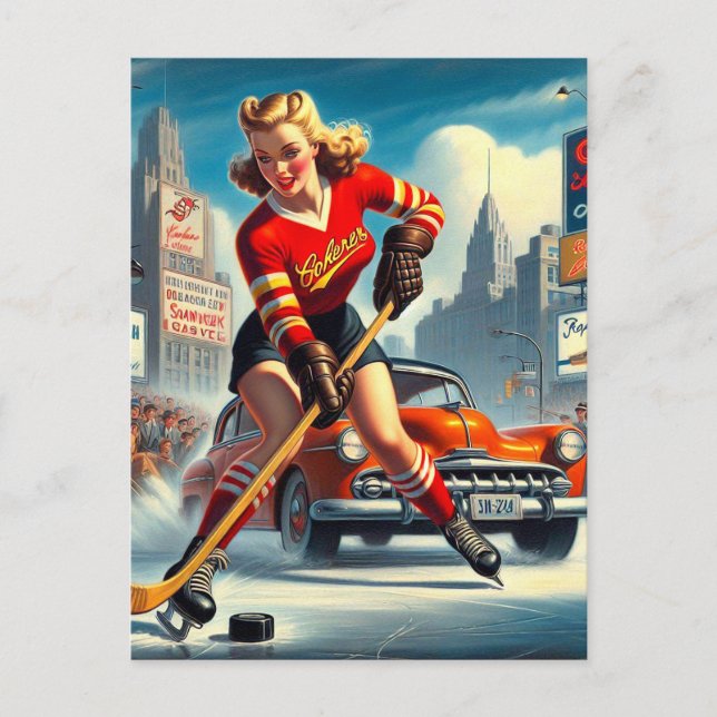 Vintage Hockey Girl Vykort (Framsida)