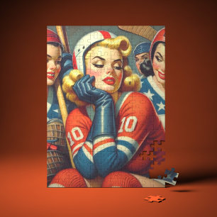 Vintage Hockey Girls Illustration Pussel