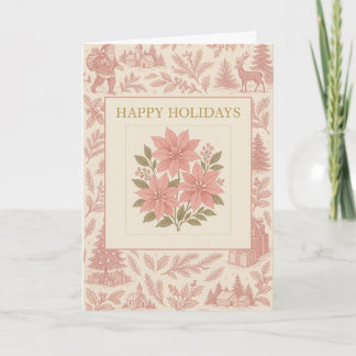 Vintage Holiday Card with Pink Poinsettias Kort