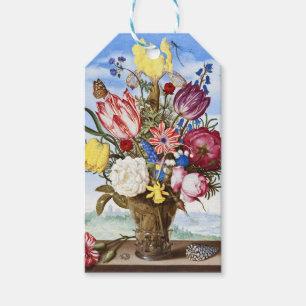 Vintage holländskt stilleben med blommor från guld presentetikett