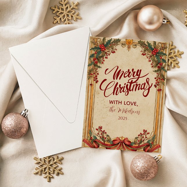 Vintage Holly and Gold Christmas Julkort (Skapare uppladdad)