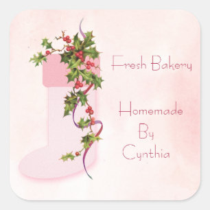 Vintage Holly Berries och Rosa Stocking Helgdag Fyrkantigt Klistermärke