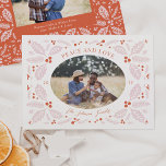 Vintage Holly Berries Oval Photo | Bright Red Pink Julkort<br><div class="desc">This elegant and whimsical holiday photo card features our original hand drawn winter foliage that frames your photo with elegant curved type. The back features a matching pattern with a photo and a spot for more text.</div>