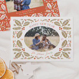 Vintage Holly Berries Oval Photo | Red and Golden Julkort