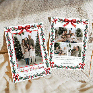 Vintage Holly Bow Familjefoto Jul Julkort