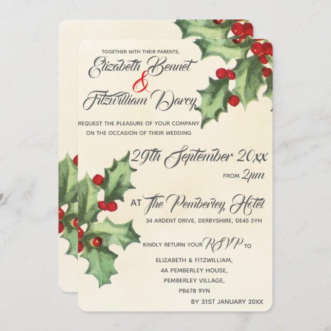 Vintage Holly-bröllopsinbjudan Inbjudningar (Fram/baksida)