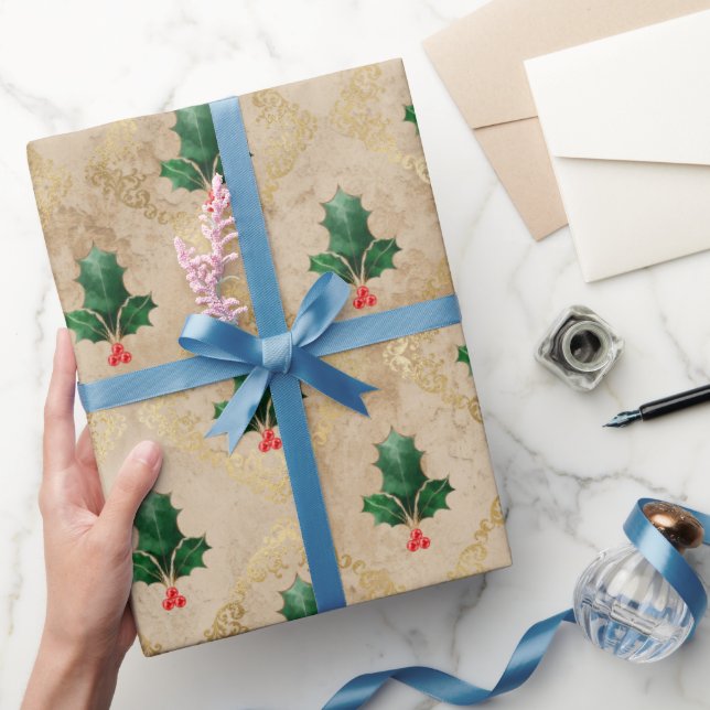Vintage Holly Damask Pattern  Presentpapper (Gifting)