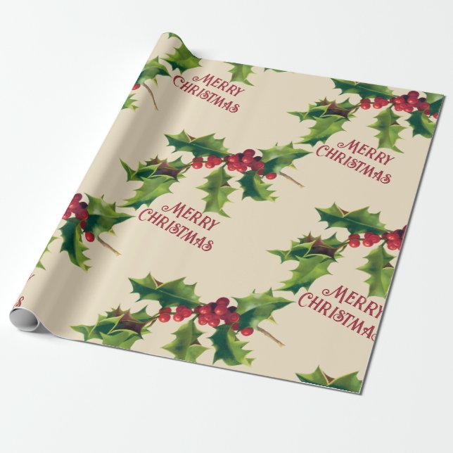 Vintage Holly jul Hälsning Presentpapper (Utrullad)