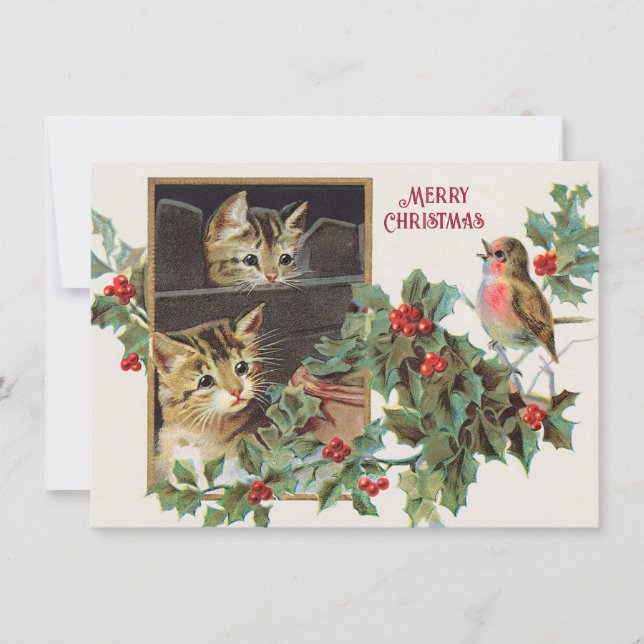 Vintage-holly-katter och fågeljultomater julkort (Framsida)