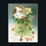 Vintage Holly med Santa Inset och Hälsning Helg Vykort<br><div class="desc">Laddning och festlig illustration av antika helgdag som visar hur man sprejar på holly med porträtt i den gamla världshaven i cirkulärt indrag,  julgodis och hälsning på skuggad tealbakgrund.</div>