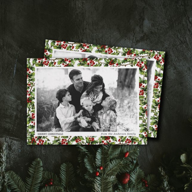 Vintage Holly Photo Ram jul Inbjudningar (one photo Christmas holiday cards with vintage holly berry patterned border frame )
