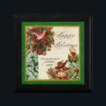 Vintage Holly Wreathe Damask Dove Chrismas Box Minnesask<br><div class="desc">FÄRG PALETTE: Klassisk julröd, grönt och guld anger tonen för denna samling. KONSTRUKTIONSSAMLING: Vintage-julduva. Köp det här som en gåva till din egen familj eller som en julklapp till vänner, familj eller medarbetare! Eller som en företagsgåva till företag. Det är så enkelt att anpassa och anpassa familjen namn i mallen...</div>