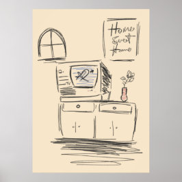 Vintage Home Sweet Home TV Living Room Sketch Poster
