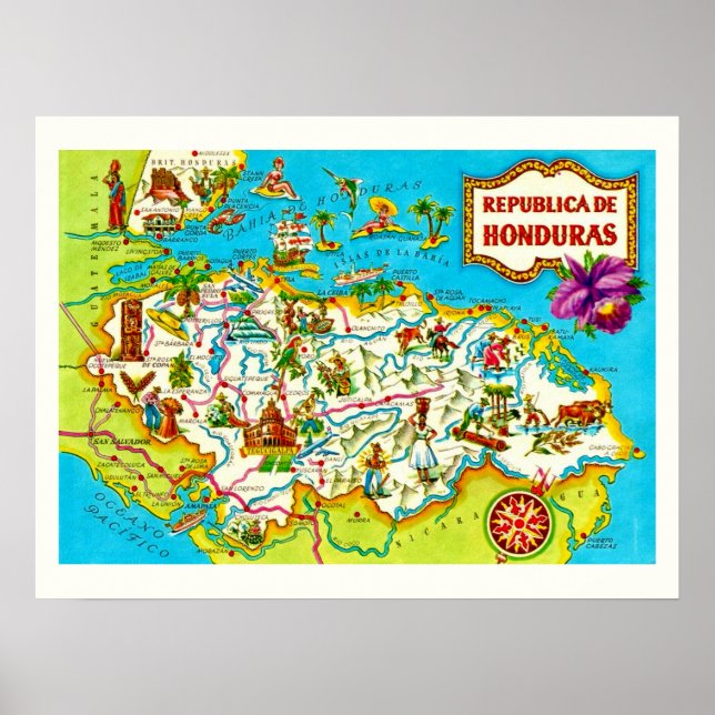Vintage Honduras karttryck Poster (Framsidan)
