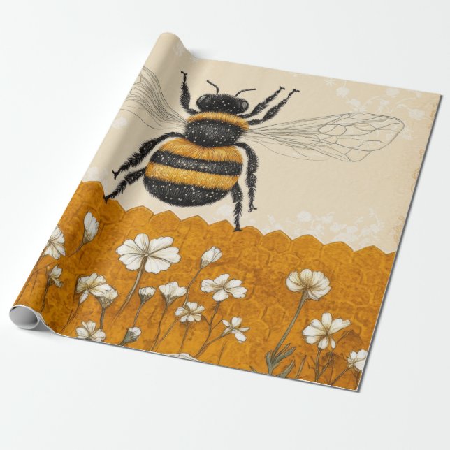 Vintage Honey Bee Wildflower Trädgård (10) Presentpapper (Utrullad)