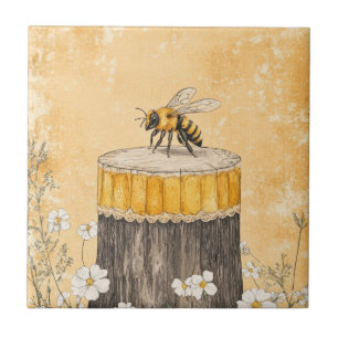 Vintage Honey Bee Wildflower Trädgård (1) Kakelplatta