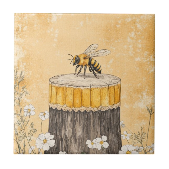 Vintage Honey Bee Wildflower Trädgård (1) Kakelplatta (Framsidan)