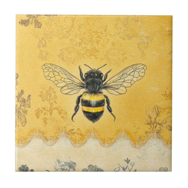 Vintage Honey Bee Wildflower Trädgård (2) Kakelplatta (Framsidan)