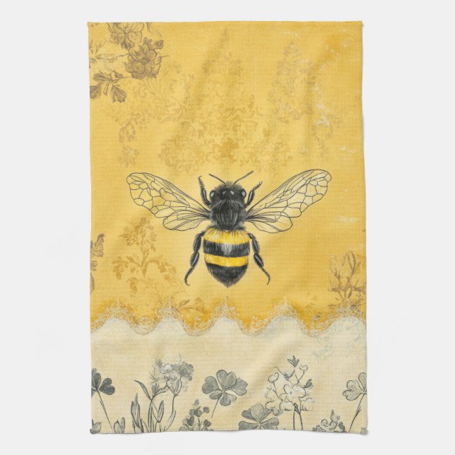 Vintage Honey Bee Wildflower Trädgård (2) Kökshandduk (Vertikal)
