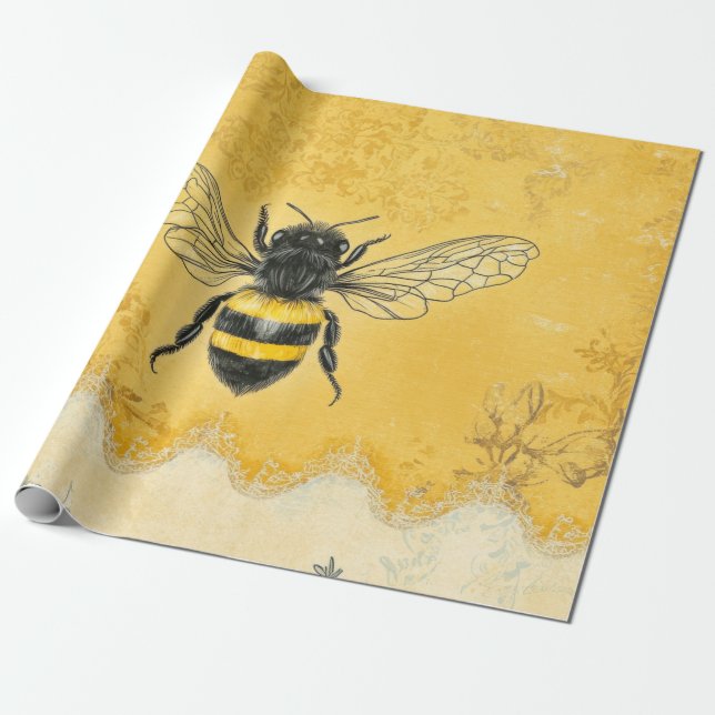 Vintage Honey Bee Wildflower Trädgård (2) Presentpapper (Utrullad)
