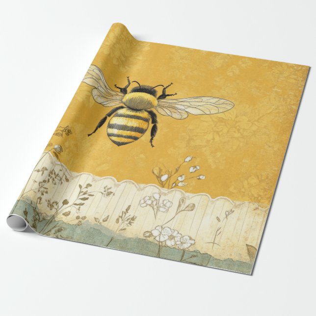 Vintage Honey Bee Wildflower Trädgård (3) Presentpapper (Utrullad)