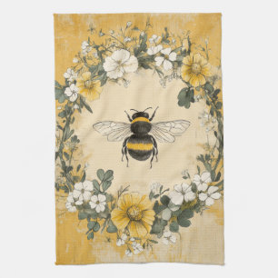 Vintage Honey Bee Wildflower Trädgård (4) Kökshandduk
