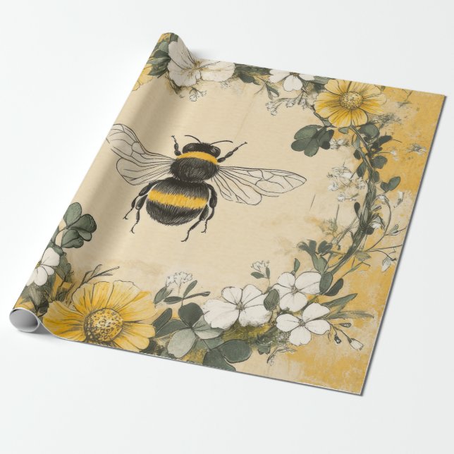 Vintage Honey Bee Wildflower Trädgård (4) Presentpapper (Utrullad)