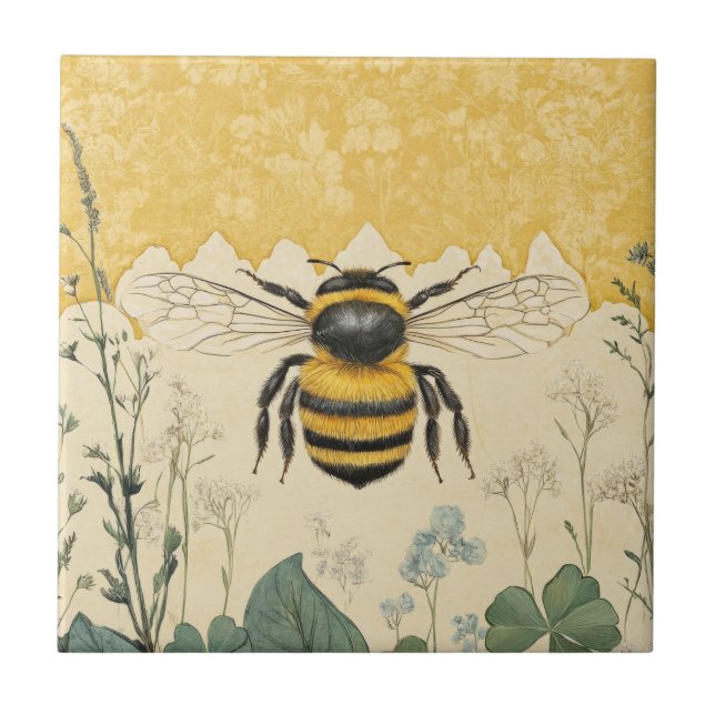 Vintage Honey Bee Wildflower Trädgård (5) Kakelplatta (Framsidan)