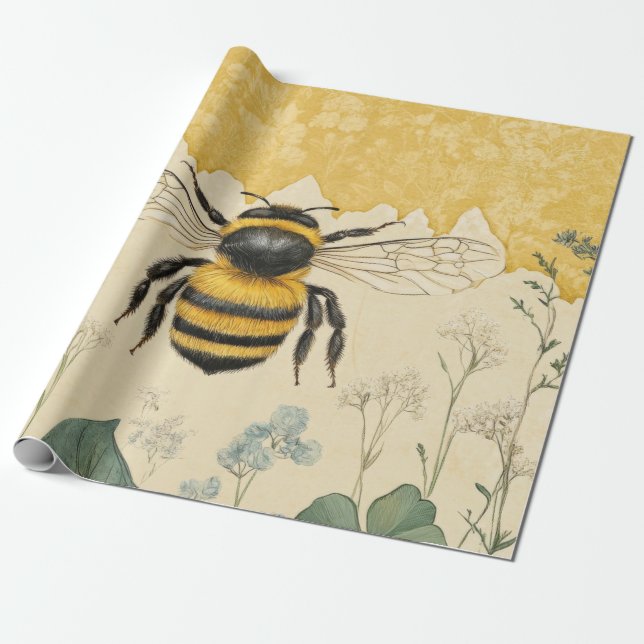 Vintage Honey Bee Wildflower Trädgård (5) Presentpapper (Utrullad)